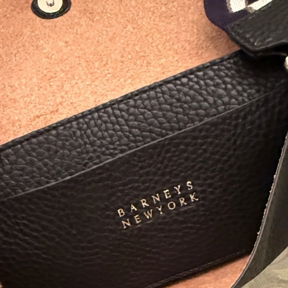 Barneys New York Black Pebbled Leather Messenger Bag with Striped Strap